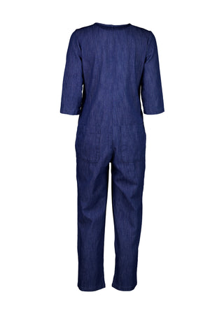 Olga de Polga Blue mid-wash denim Artisan Jumpsuit in cotton denim. Half sleeves and a button down front with patch pockets. Ankle length. Back