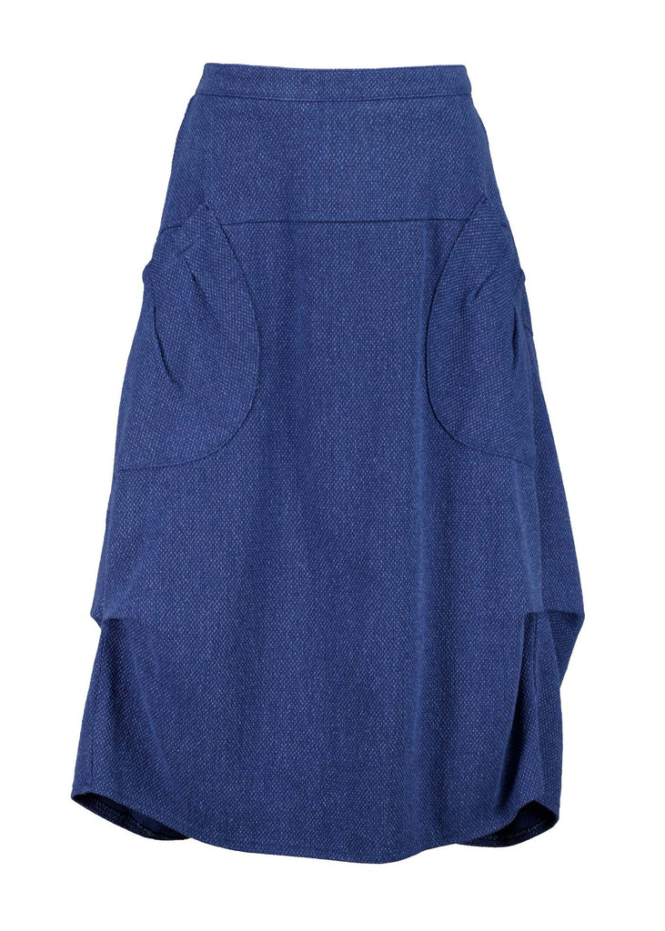 Olga de Polga blue mid-wash Foundry Milwaukee skirt in 100% cotton . Large patch pockets and a back elasticated waistband. Front