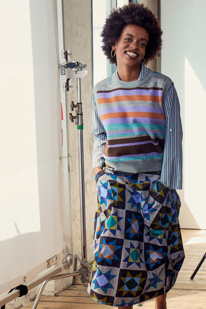 Olga de Polga Veda Milwaukee Skirt.  Comfy waistband making it the perfect throw-on-and-go! Printed fine cord skirt. Front view on model