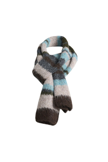 Olga de Polga striped mohair knit scarf in brown, grey and blue.