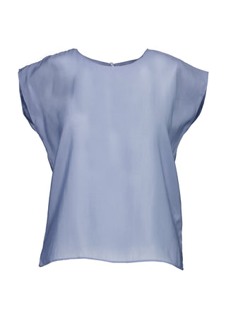 Olga de Polga Skyscraper tee in 100% Tencel. Round neck, cap sleeves. Finishes at the hip. Front view.