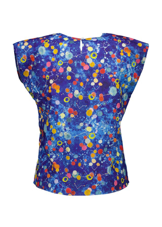 Olga de Polga classic tee top in Blue printed cotton. Print name: Spacio. Blue with accents of red, orange and yellow. Space inspired. Back view.