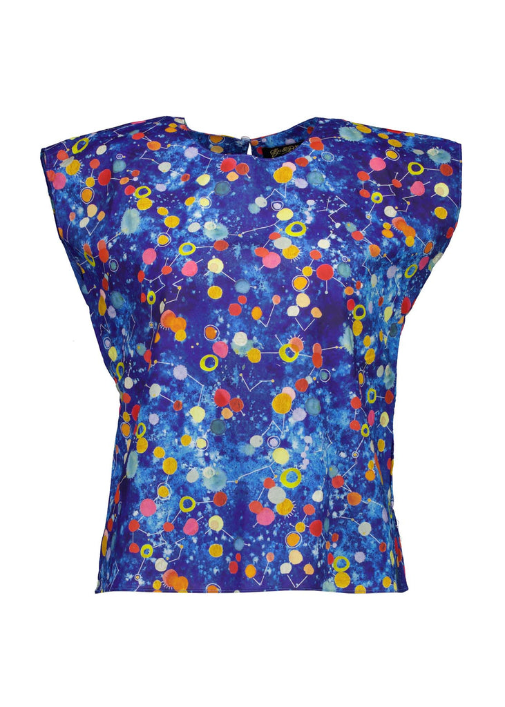 Olga de Polga classic tee top in Blue printed cotton. Print name: Spacio. Blue with accents of red, orange and yellow. Space inspired. Front view.