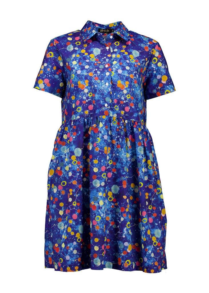 Olga de Polga blue Spacio printed 100% cotton dress. Villa dress with a collar and button down front. Gathering at the waist and finishes above the knee depending on your height. Front view.