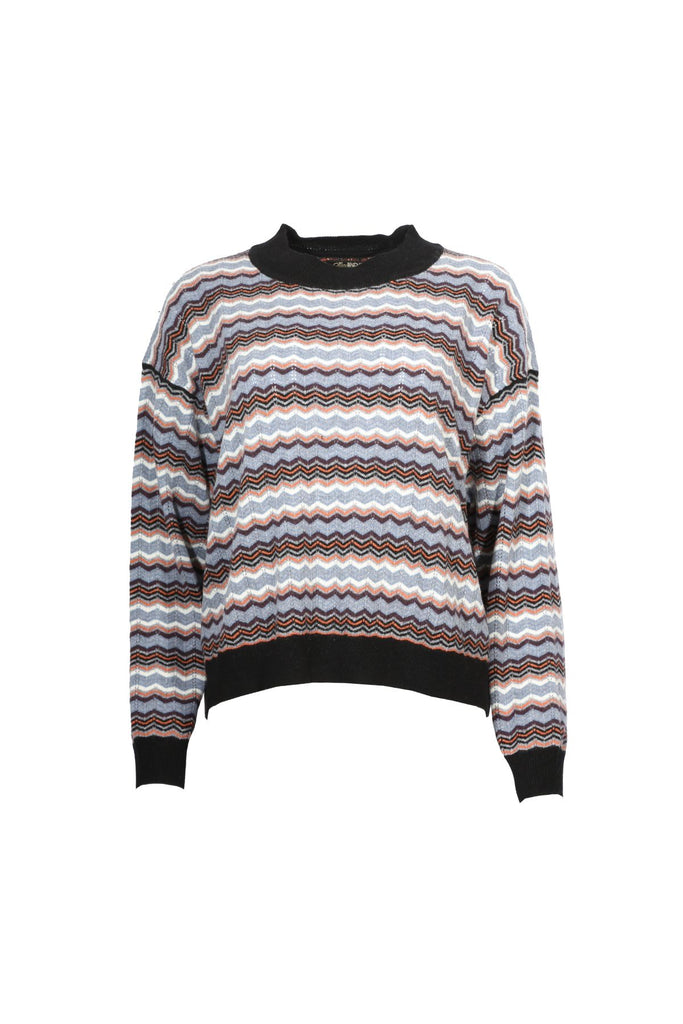 Olga de Polga Blue stripy Tidal Sweater in Stone. the Tidal Knit Sweater in Stone with blue tones is warmly enchanting and beautifully crafted. The loose, boxy fit of this jumper is complemented by the gentle drape of the knit, making it flattering to all body types. Front view
