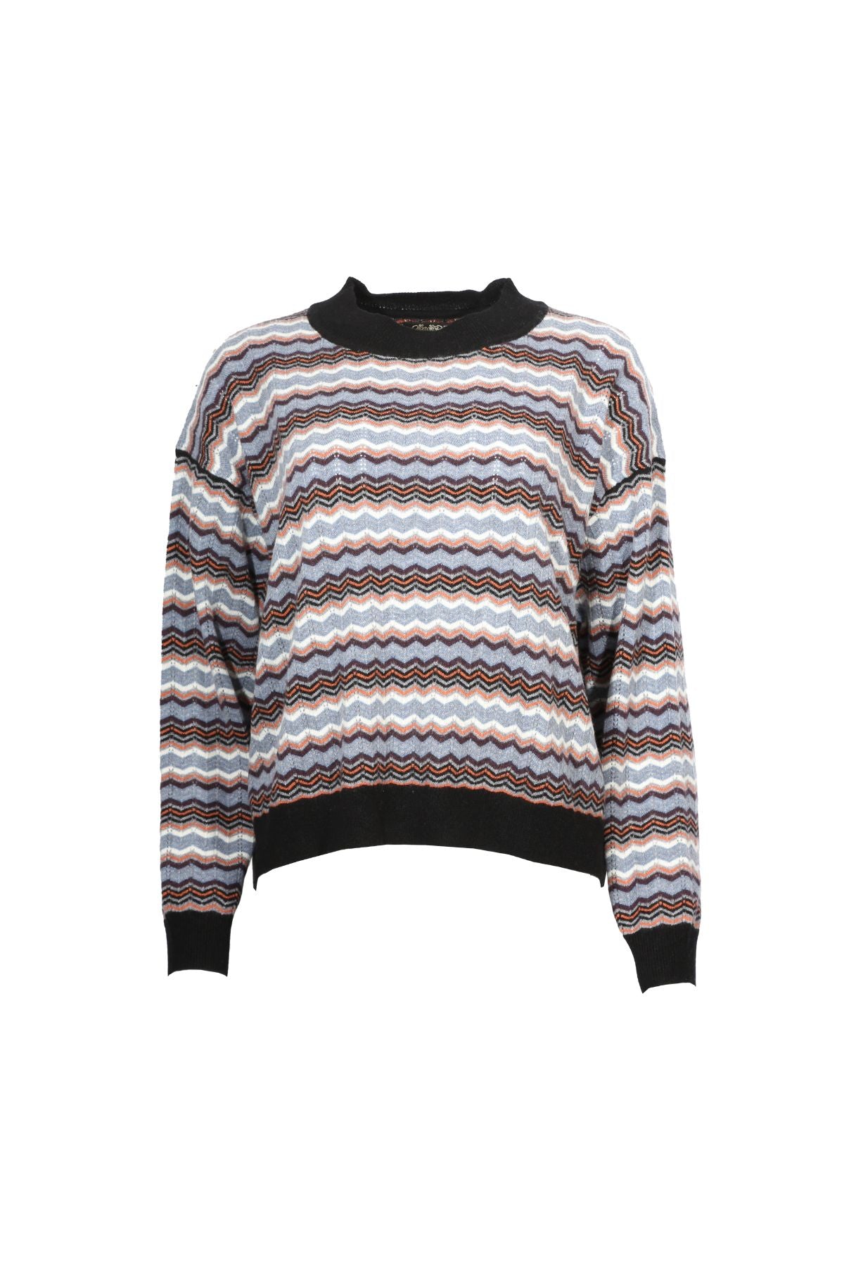 Olga de Polga Blue stripy Tidal Sweater in Stone. the Tidal Knit Sweater in Stone with blue tones is warmly enchanting and beautifully crafted. The loose, boxy fit of this jumper is complemented by the gentle drape of the knit, making it flattering to all body types. Front view