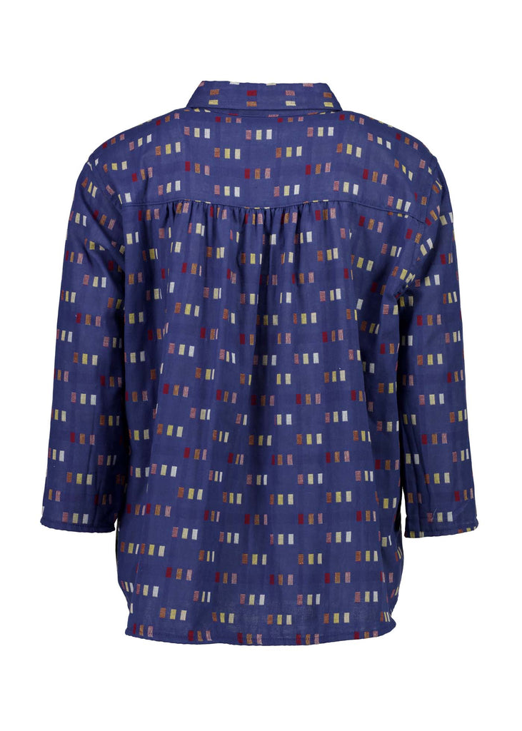 Olga de Polga classic shirt in the new Blue Telegraph woven cotton. With accents of red, yellow, cream and mauve. Back