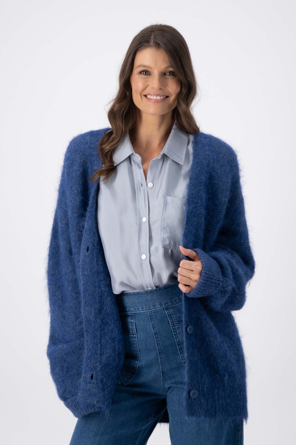 Olga de Polga navy alpaca long To the Moon and Back cardigan with a button front and extra long sleeves. Front view