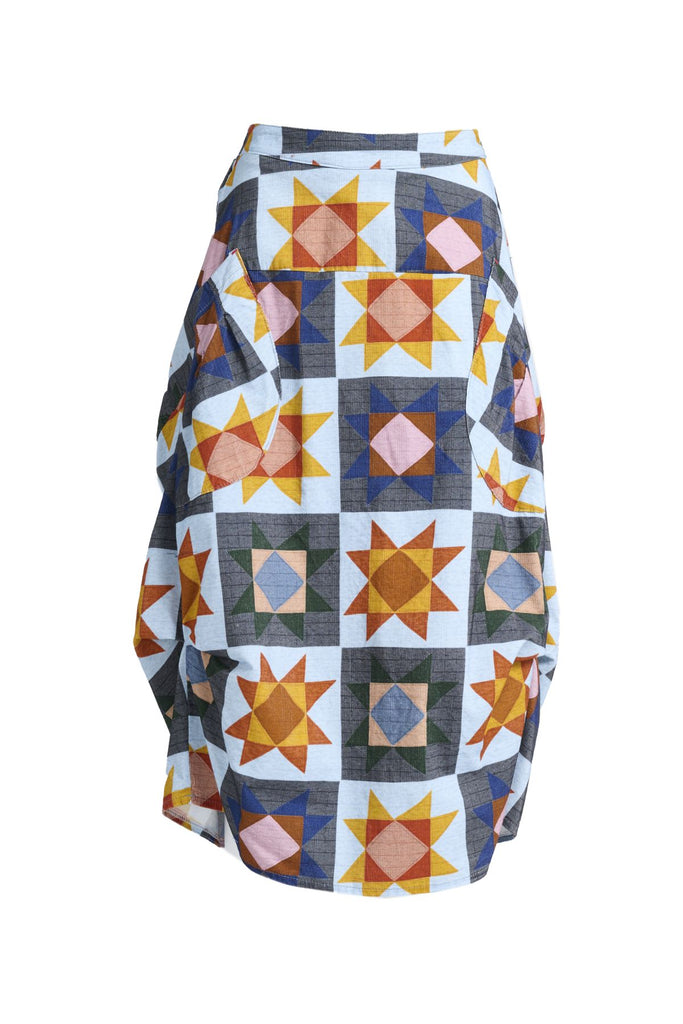 Olga de Polga printed Milwaukee skirt in the Veda Day print. Fine cotton cord. Comfy waistband making it the perfect throw-on-and-go!   Front view
