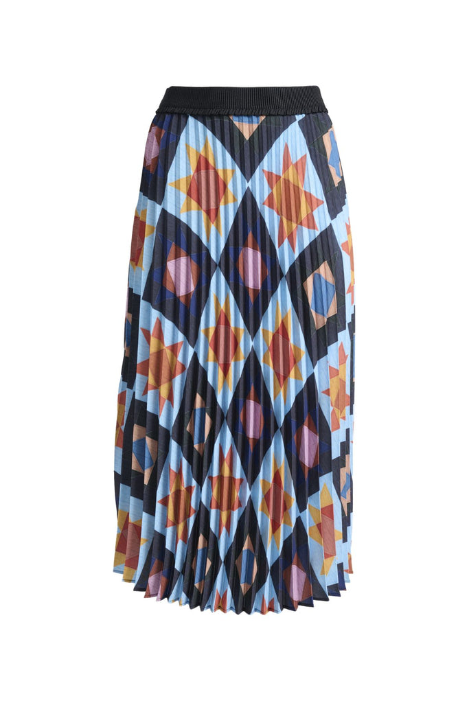 Olga de Polga printed pleated skirt in recycled polyester permanent pleats.  Fully elastic waistband.
Pull-on style.
A-line shape.
Midi length.  Front view