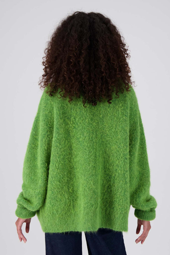 Olga de Polga bright green alpaca To The Moon & Back long cardigan coat, with extra long sleeves. Back