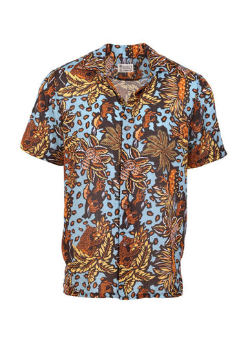 Brown / blue Hawaiian shirt in the Olga de Polga Le Jungla print. Front view.