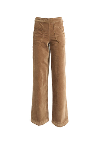 Olga de Polga Peggy Paris Pants Cafe long length. Best selling Olga de Polga pants. Warm brown colour. Elasticated waist, side zip, large front pockets. Front view