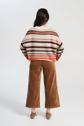 Olga de Polga brown Peggy Paris Pants Cafe in soft velvet. Original cropped length with large front patch pockets.  Back view on model.