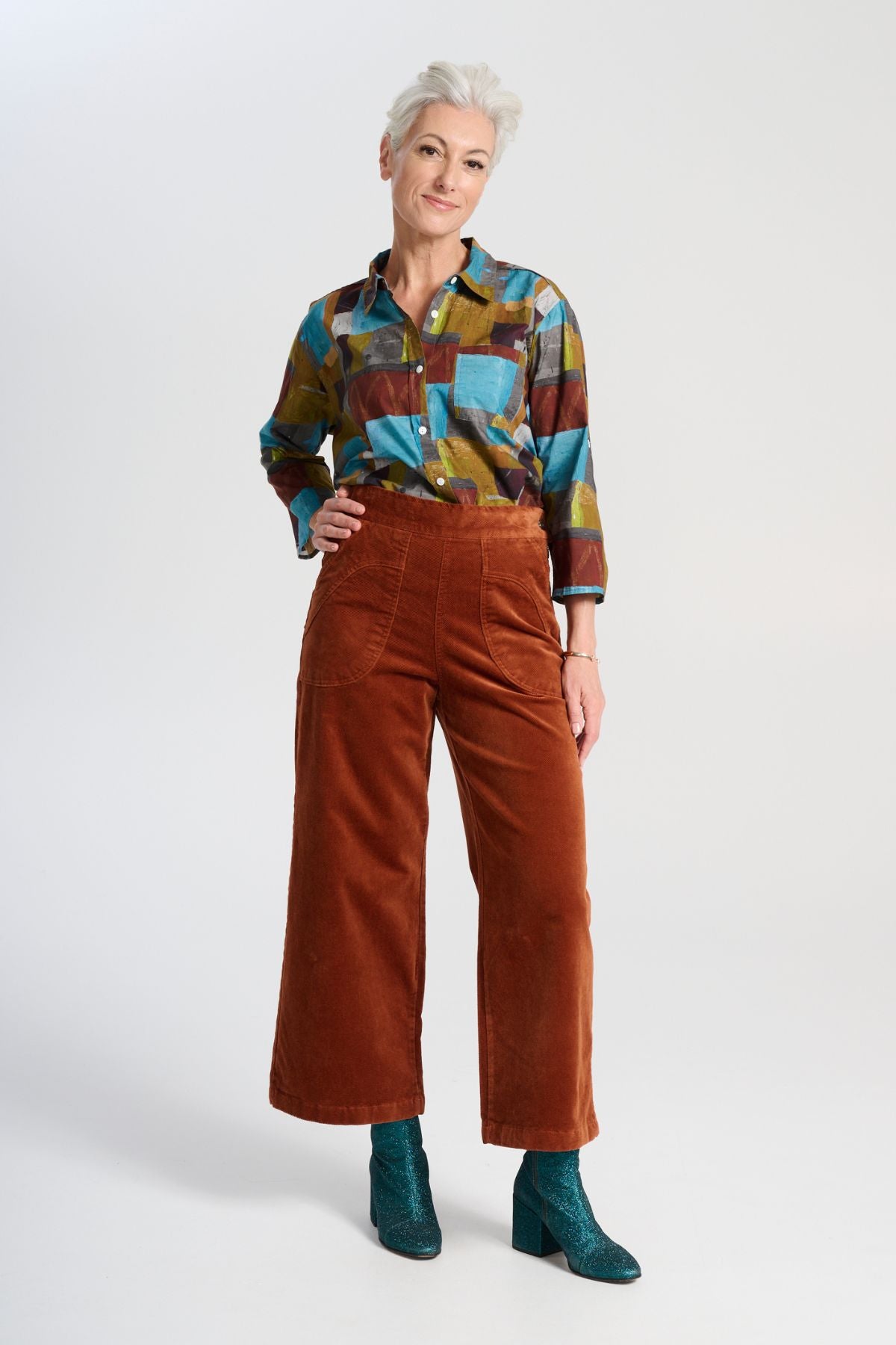 Olga de Polga Peggy Lou Pants in velvety soft cotton corduroy. Front view on model