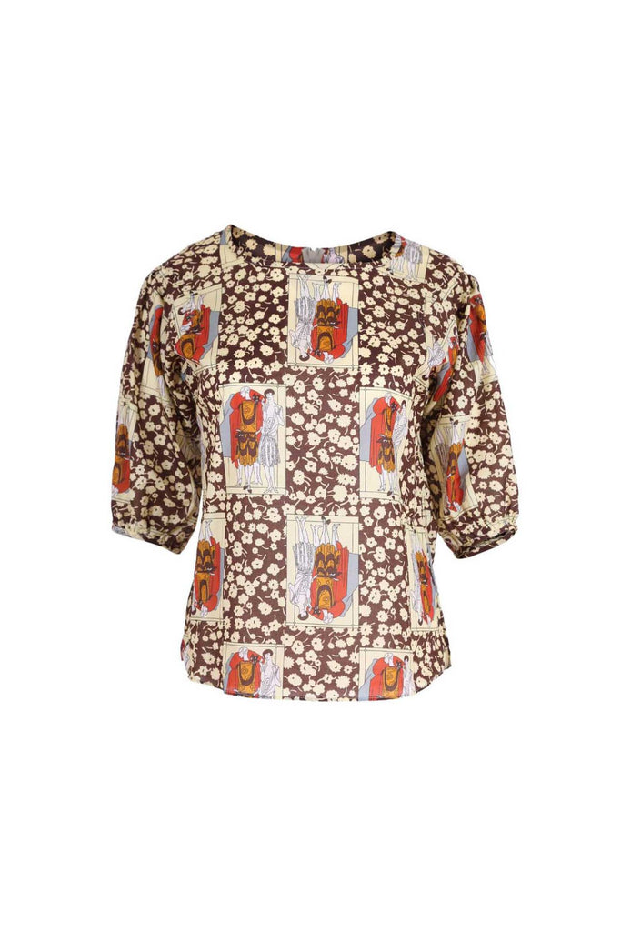 Olga de Polga brown printed blouse in the Felix Chocolate print. Wide round neckline, lantern sleeves, tapered in at the waist. Finishes at the hip. Front view.