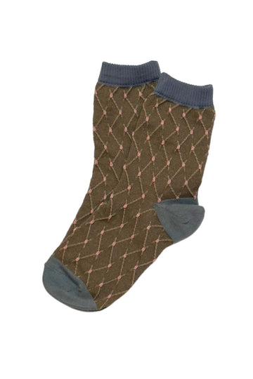 Olga de Polga Crinkle Diamond Socks Brown and Grey with light pink dots