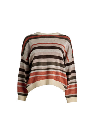 Olga de Polga Brown Earth Colorado Knit sweater with stripes in earthy colours of cream, coral, beige and brown. Long sleeves, dropped shoulders, round neckline. Front view