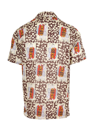 Olga de Polga men's button up hawaiian shirt in our new print Felix in Chocolate Brown. Shirt sleeves. Back view