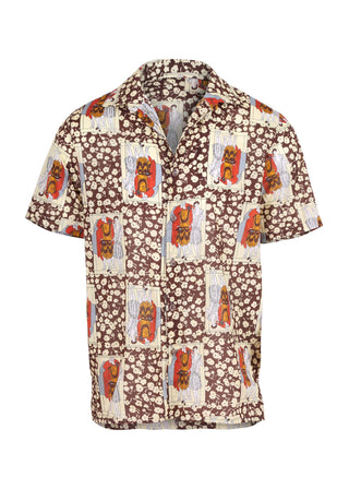 Olga de Polga men's button up hawaiian shirt in our new print Felix in Chocolate Brown. Shirt sleeves. Front view