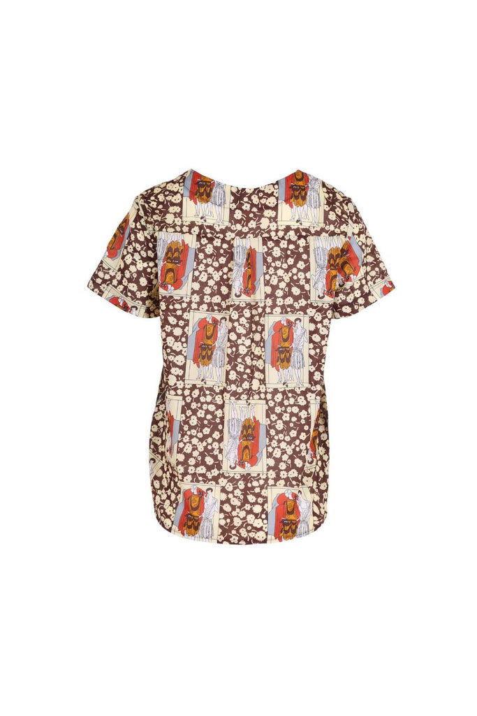 Olga de Polga printed women's top in Chocolate brown Felix print. Short sleeves, round neckline. Boxy fit.  Back view