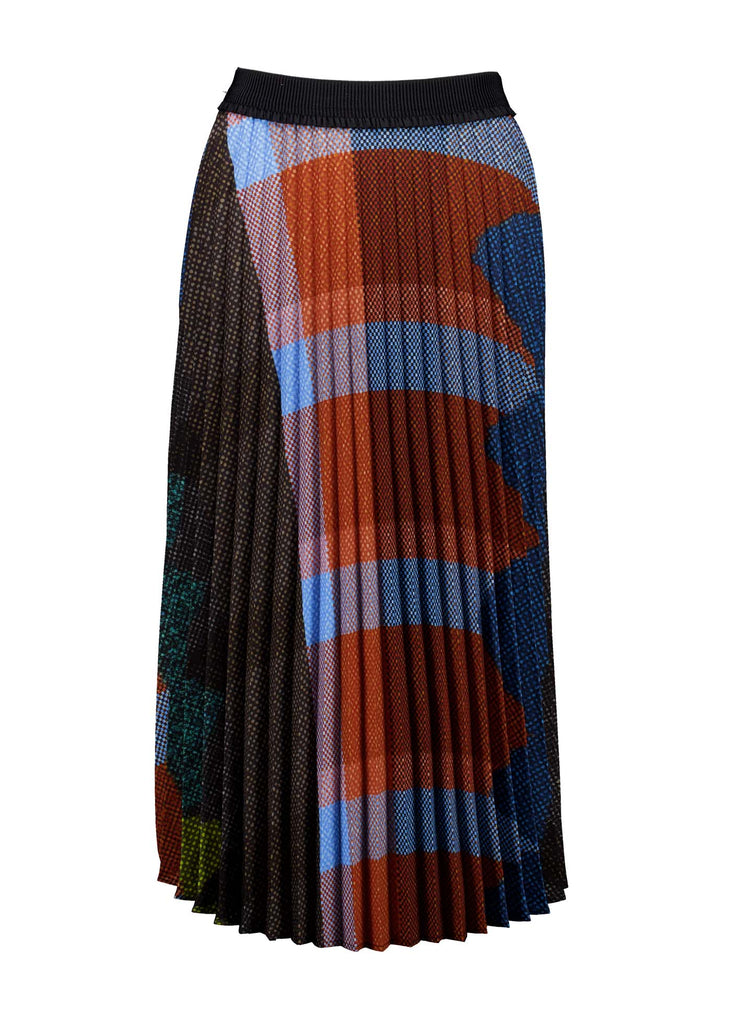 Olga de Polga pleated skirt in the Jada print. Colours of Umber, orange and cobalt blue shine in this print Elasticated waistband. Midi length. Front view.