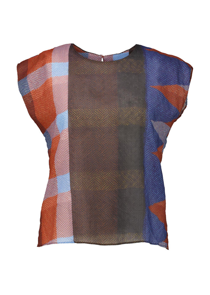 Olga de Polga Tee in Jada printed cotton seersucker. Shades of brown, red, pink and blue, and orange are all part of the Jada print. Front view.