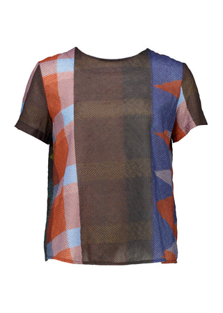 Olga de Polga Top in Brown Uber Jada Printed cotton. Classic top with short sleeves and a round neckline. Boxy shape. Finishes at the hip. Front view.