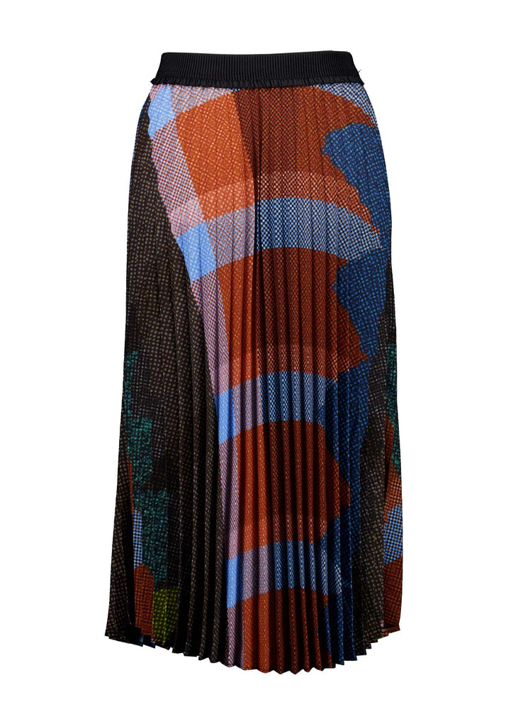 Olga de Polga pleated skirt in the Jada print. Colours of Umber, orange and cobalt blue shine in this print Elasticated waistband. Midi length. Back view.