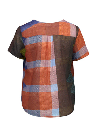 Olga de Polga Top in Brown Uber Jada Printed cotton. Classic top with short sleeves and a round neckline. Boxy shape. Finishes at the hip. Back view.