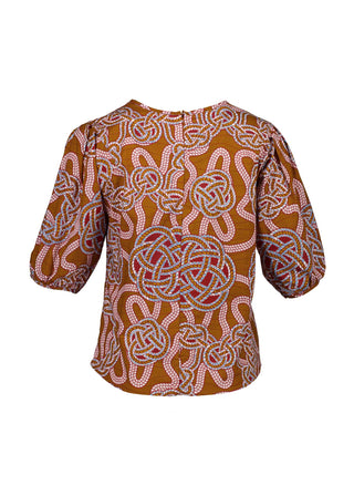 Olga de Polga classic blouse in 100% cotton fabric. The LoveKnots print is in a rich caramel colour with accents of red and light blue.  Back view