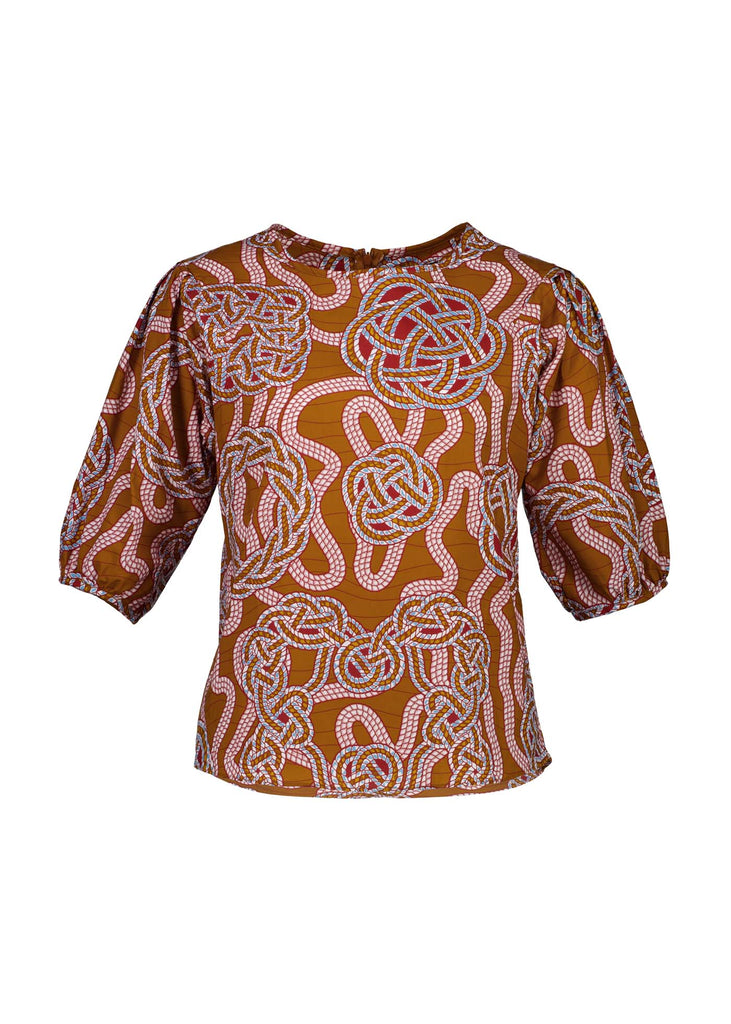 Olga de Polga classic blouse in 100% cotton fabric. The LoveKnots print is in a rich caramel colour with accents of red and light blue. Front view