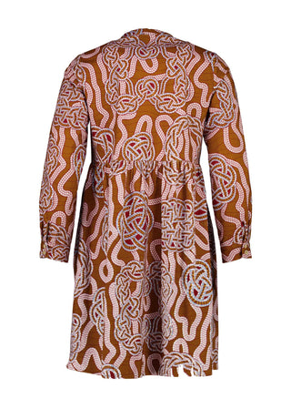 Olga de Polga new tunic dress in fine cotton cord. In the love knots print. -More than just a print, "Love Knots" is a visual ode to the enduring power and beauty that emanate from the intertwined twists and turns of love's journey. Wear it as a heartfelt expression, a fashionable reminder of the meaningful ties that enrich your life. Back view