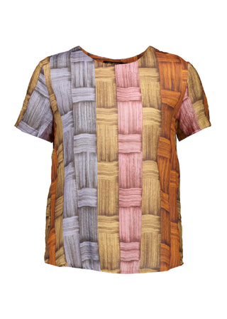 Olga de Polga top in Matador printed cotton seersucker. Short sleeves, round neck, boxy fit. Front view.