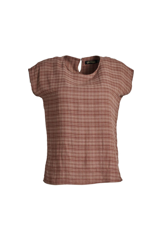 Olga de Polga Ella tee in brown Mocha brushed cotton seersucker. Cap sleeves, round neckline, tapers in at the waist. Front view