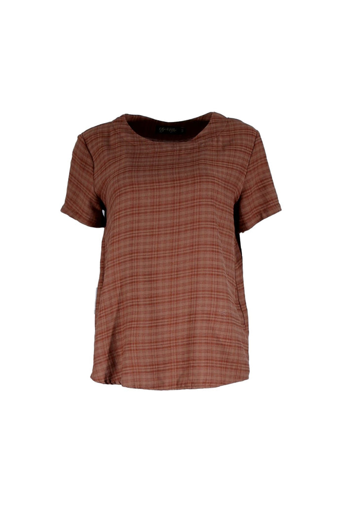 Olga de Polga Mocha brown top in brushed cotton seersucker. A little more modest and roomy than the tee, it is a straight cut, with a short sleeve, crew neck and a box pleat at the back to give it more fullness and movement. Front view