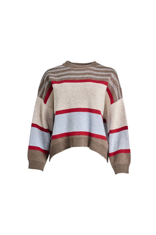 Olga de Polga Brown Paloma Sweater. A striped sweater with browns, cream, red and pale blue. Front view