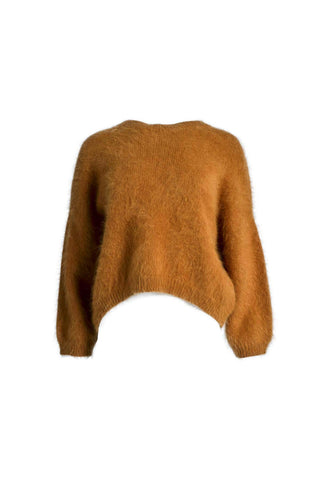 Olga de Polga angora Montreal knit sweater in Caramel brown. he knit features a ribbed round neckline, drop shoulder and cropped length, so it is perfect with jeans and skirts. The fit is slightly oversized with a boxy cut and long sleeves. Front view 