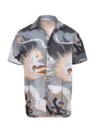 Olga de Polga Hawaiian shirt in the Caramel Festival print. Front view.