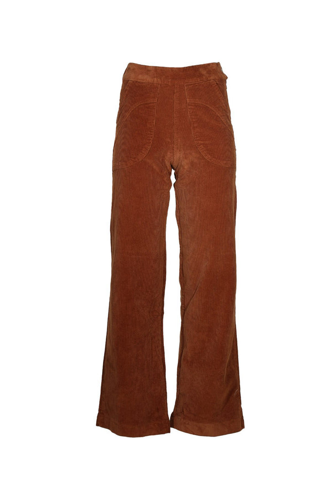 Olga de Polga Peggy Lou long pants in Caramel velvet corduroy. Crafted from a luxurious blend of 97% cotton and 3% spandex, our Velvet Corduroy offers the perfect balance of structure and softness.  Front view.