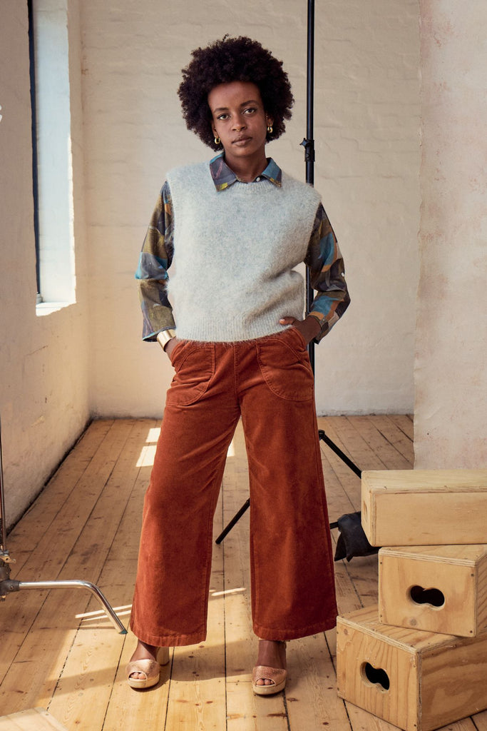 Olga de Polga Peggy Lou Pants in velvety soft cotton corduroy. Front full length view on model