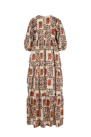 Olive dress in Felix chocolate print. 100% Cotton. Back view