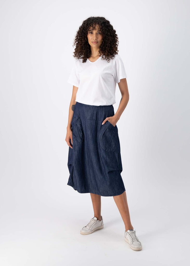 Olga de Polga dark denim classic skirt in 100% cotton. Front view
