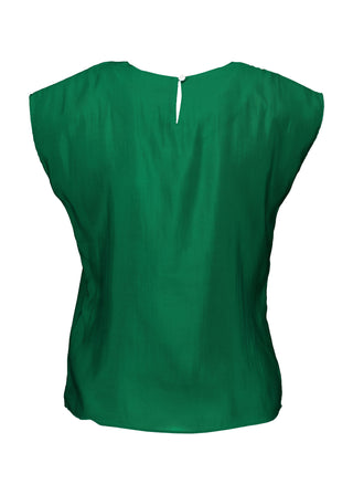 Olga de Polga dark green Skyscraper tee in 100% tencel with a slight sheen. Crew neckline, cap sleeves, and finishes at the hip. Back close-up.