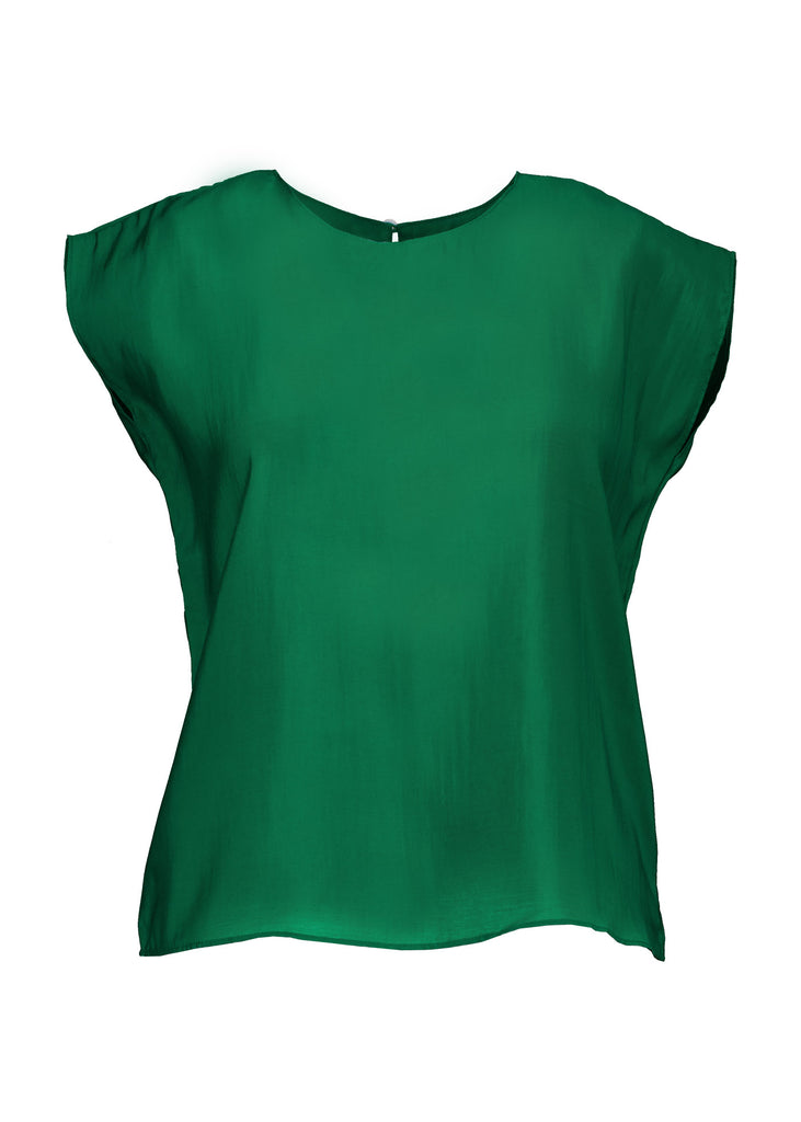 Olga de Polga dark green Skyscraper tee in 100% tencel with a slight sheen. Crew neckline, cap sleeves, and finishes at the hip. Front close-up view.