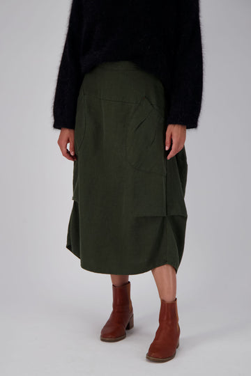 Olga de Polga Milwaukee Fiesta Skirt in Dark Khaki. Front close up view.