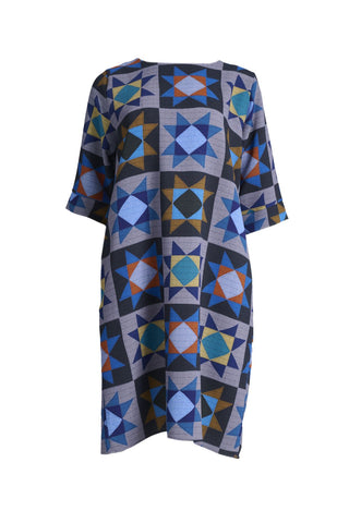 Olga de Polga Sencillo dress in Veda Night printed heavy crepe. Shift dress with half sleeves and a round neckline. Finishes at the knee depending on height. Front view