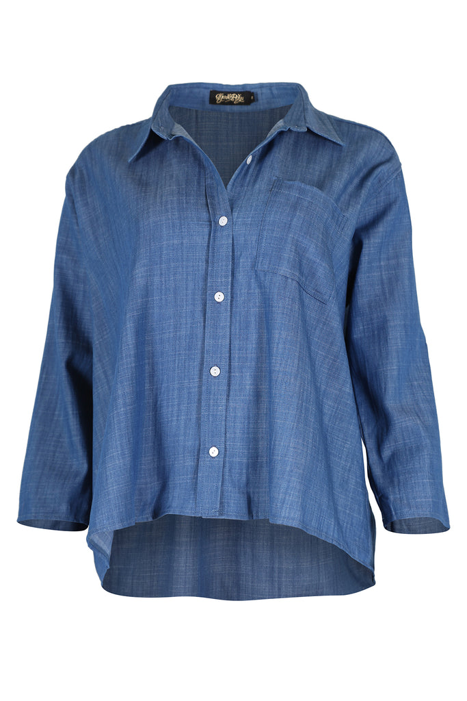 Olga de Polga classic shirt in Le Studio denim. Side front view