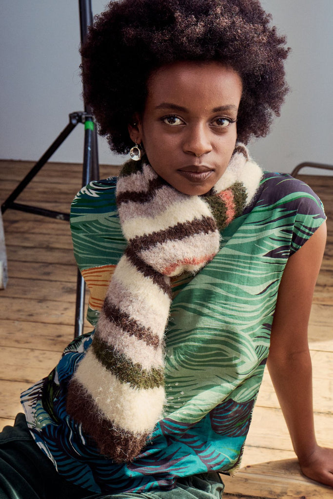 Olga de Polga striped mohair knit scarf in cream, brown and dusty pink view on model