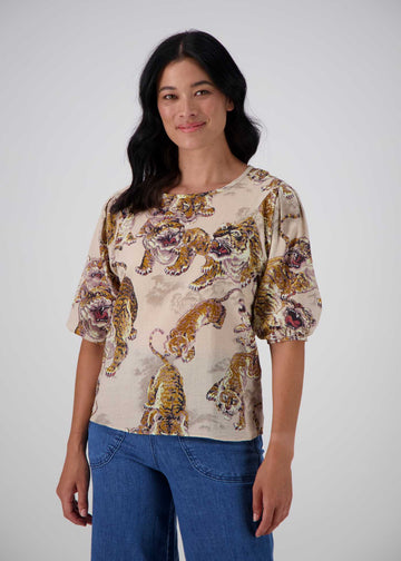 Olga de Polga classic blouse in the Ecru 99 Tigers print, in cotton seersucker fabric. Front view